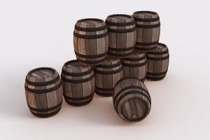 Nine Bowmore whisky barrels bundled on a white background.